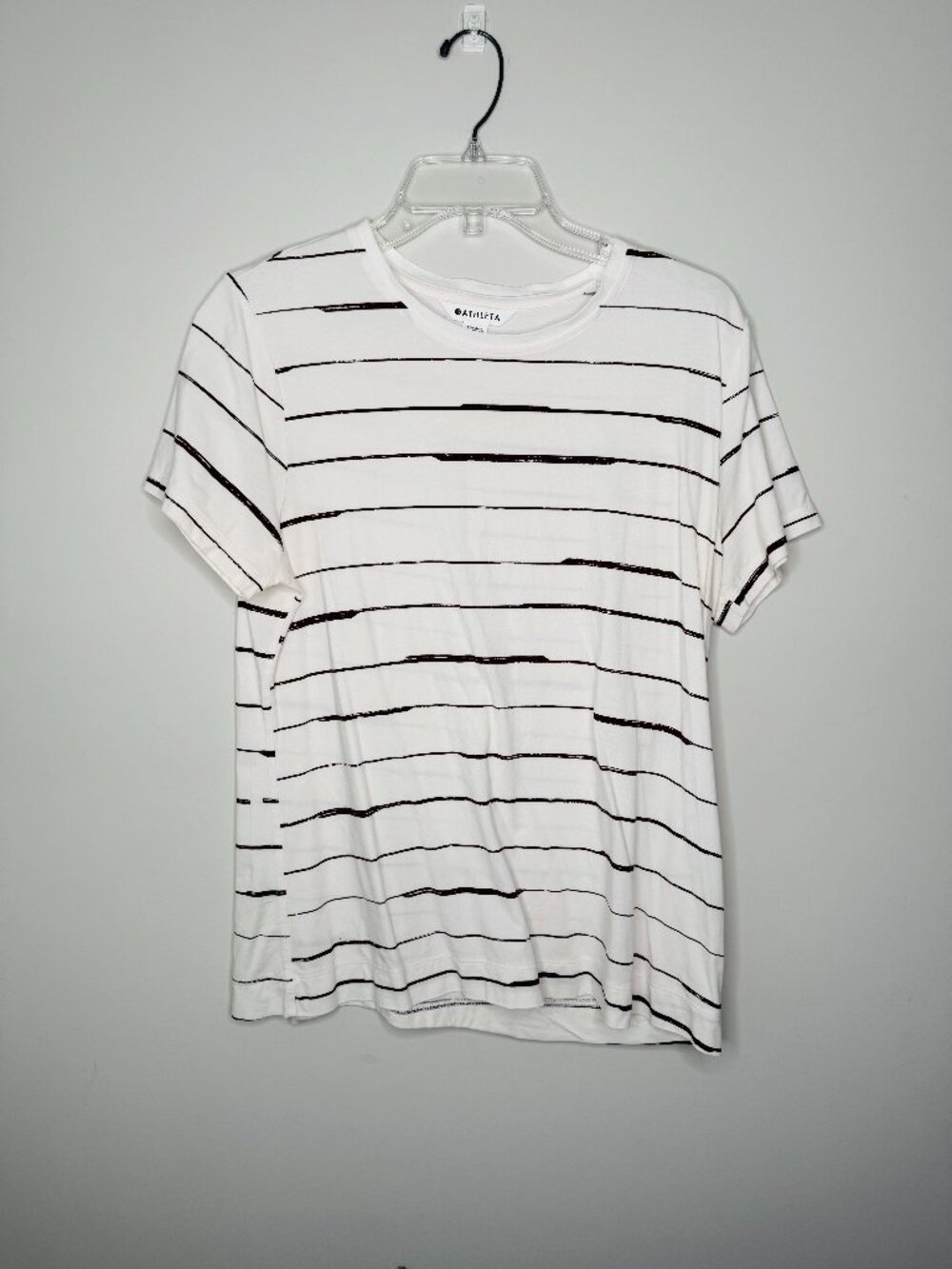 Athleta Organic Daily Striped Tee Short Sleeve Crewneck Womens L White with Brow